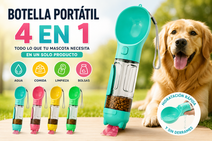 🐾 Botella Portátil 4 en 1 para Mascotas – Agua, Comida y Limpieza en un Solo Producto